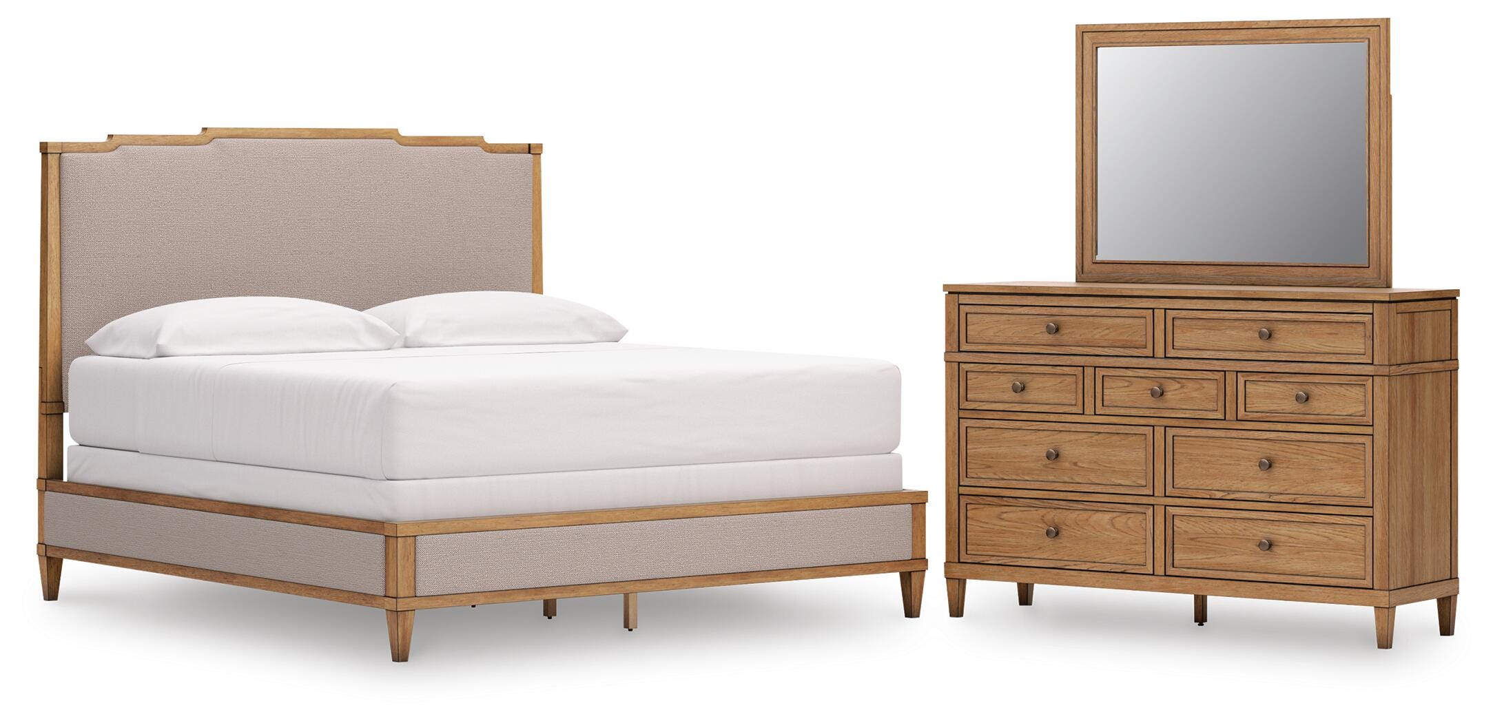 Sharlance Upholstered Panel Bed, Dresser and Mirror
