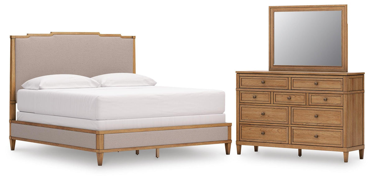 Sharlance Upholstered Panel Bed, Dresser and Mirror