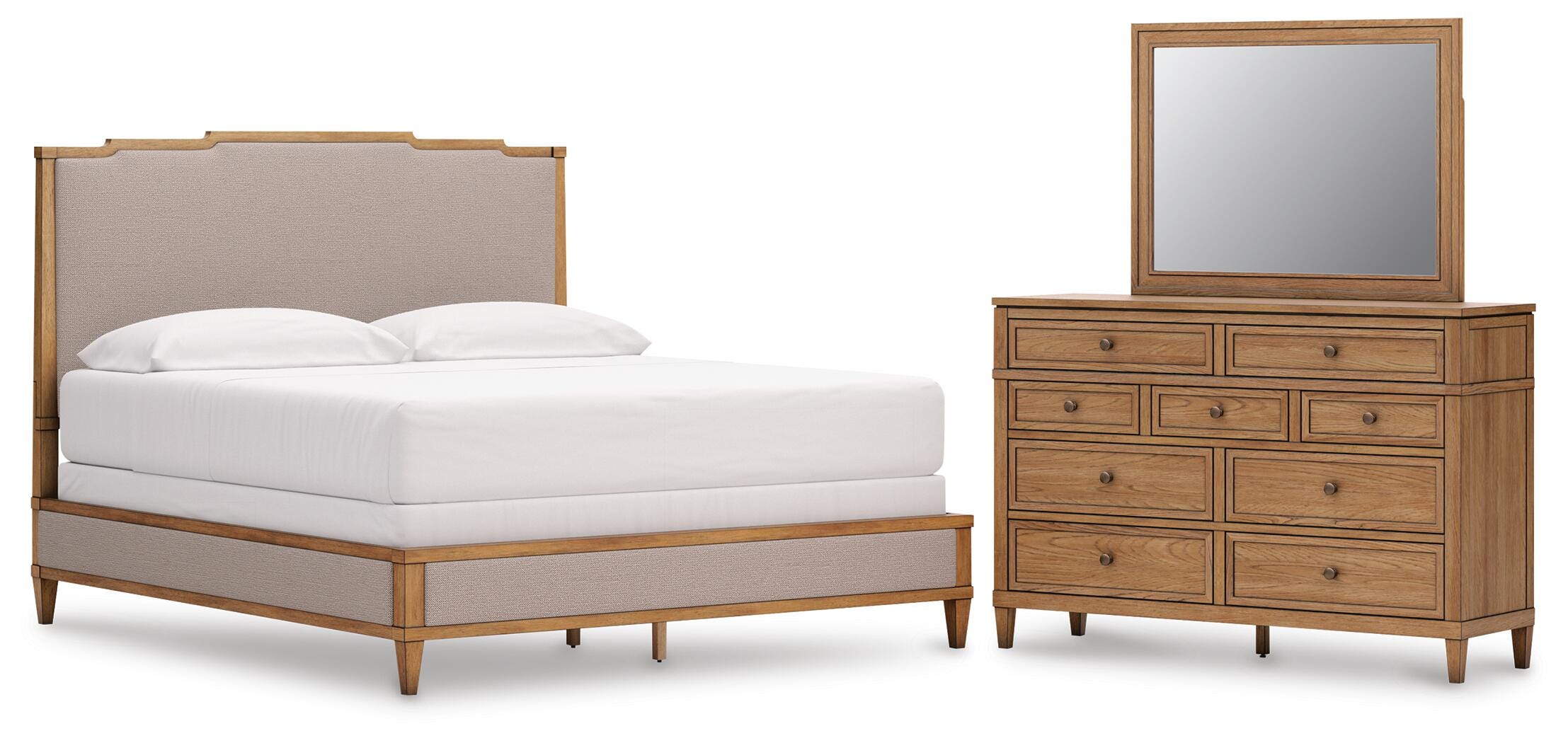 Sharlance Upholstered Panel Bed, Dresser and Mirror