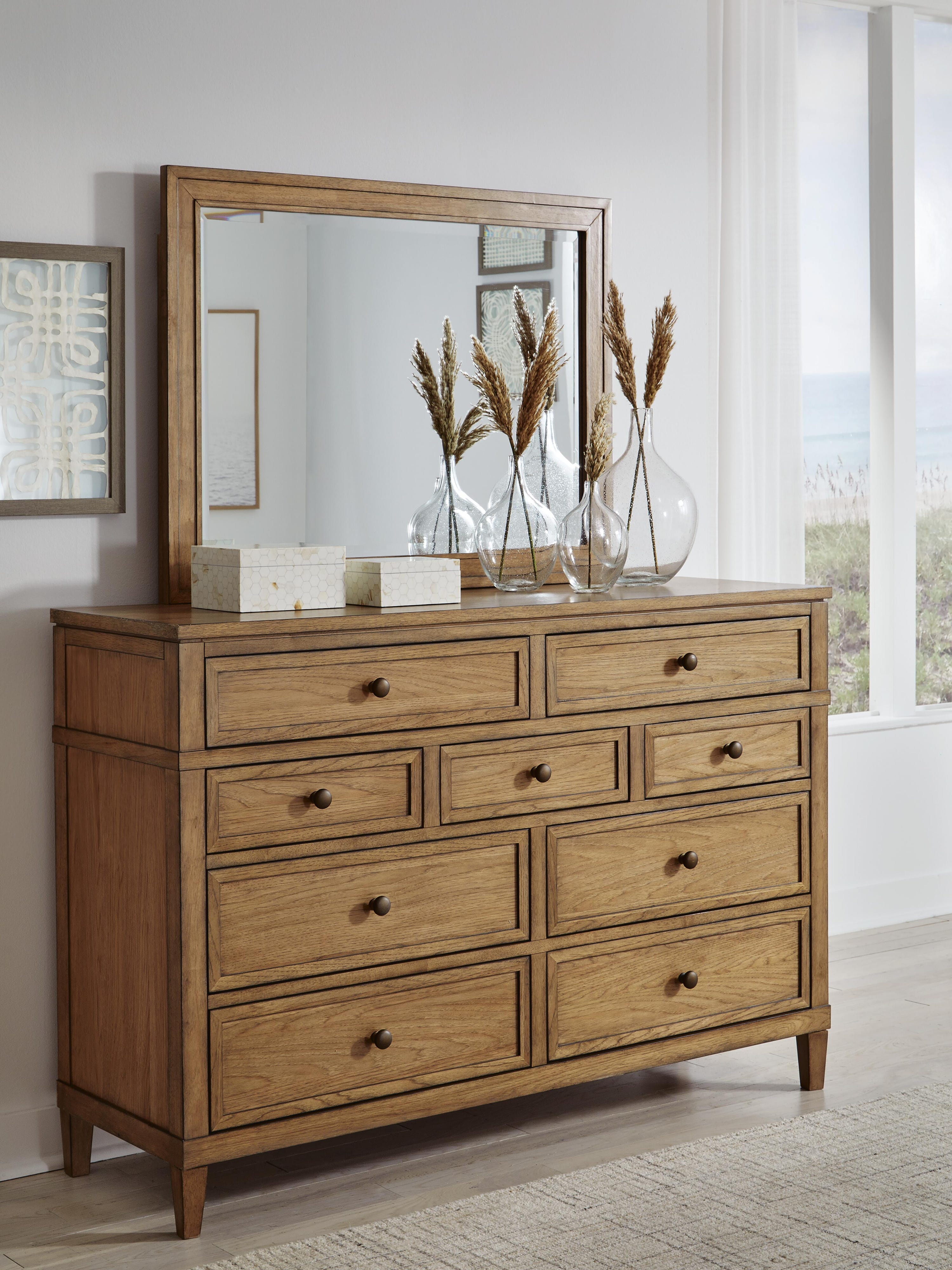 Sharlance Upholstered Panel Bed, Dresser and Mirror