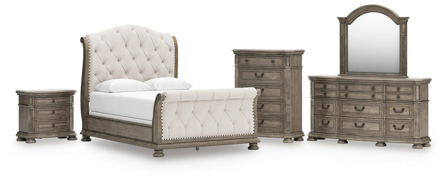 Ardenfield Upholstered Sleigh Bed, Dresser, Mirror, Chest and Nightstand