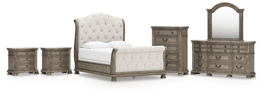 Ardenfield Upholstered Sleigh Bed, Dresser, Mirror, Chest and 2 Nightstands