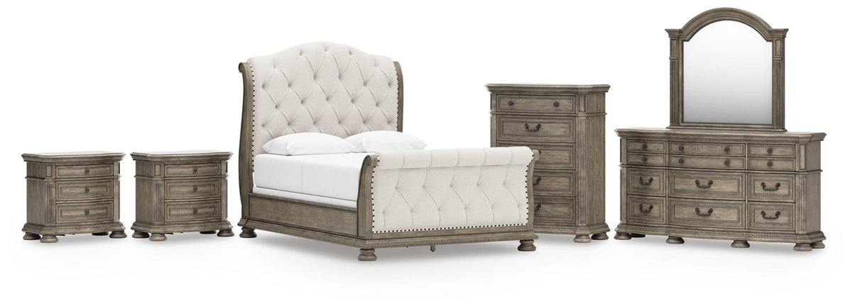 Ardenfield Upholstered Sleigh Bed, Dresser, Mirror, Chest and 2 Nightstands