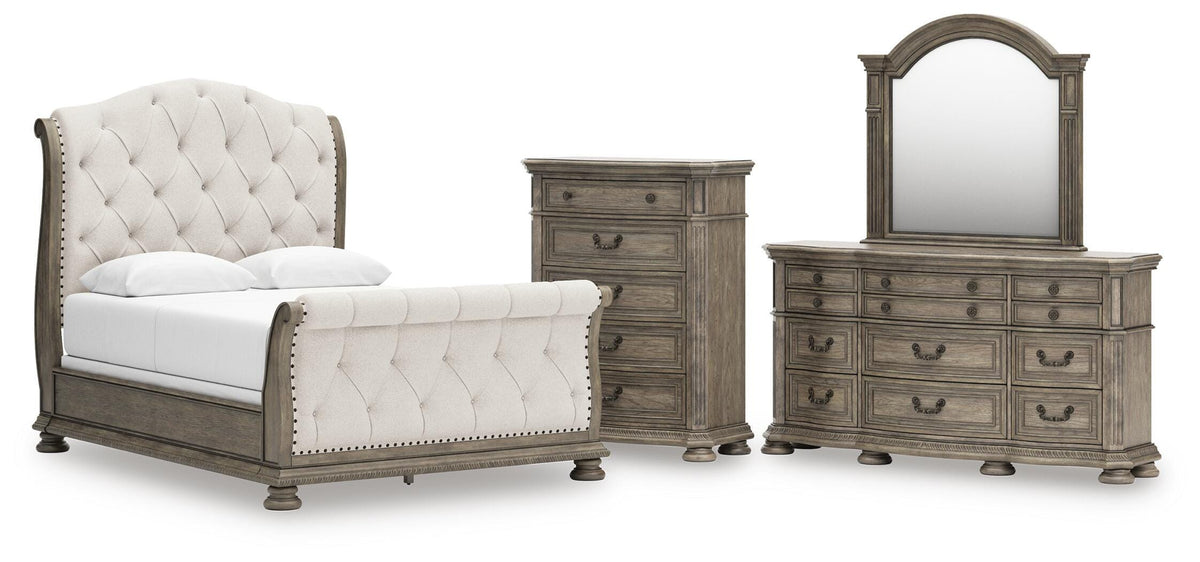 Ardenfield Upholstered Sleigh Bed, Dresser, Mirror and Chest