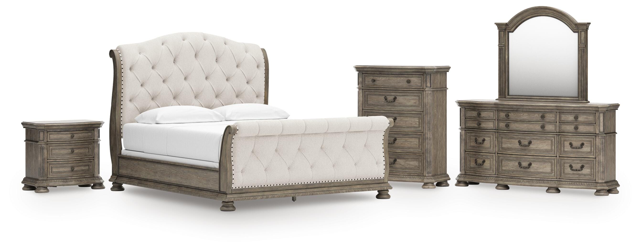 Ardenfield Upholstered Sleigh Bed, Dresser, Mirror, Chest and Nightstand