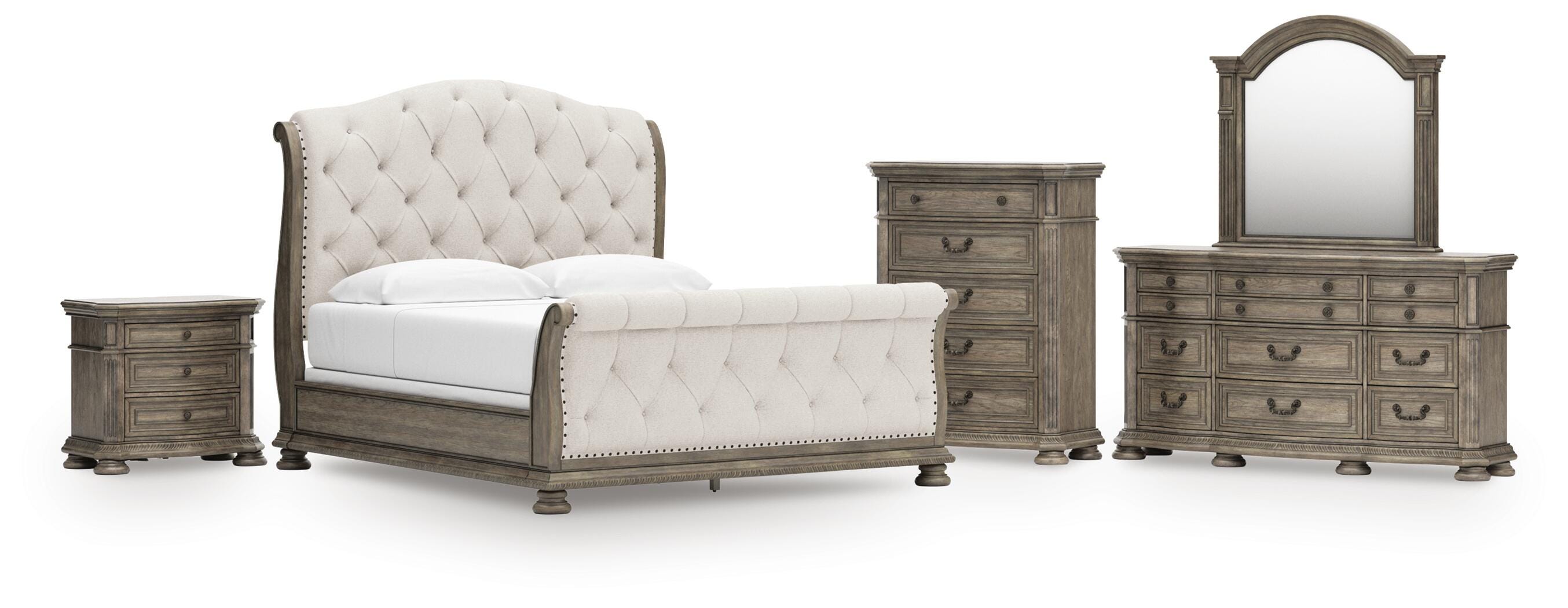 Ardenfield Upholstered Sleigh Bed, Dresser, Mirror, Chest and Nightstand