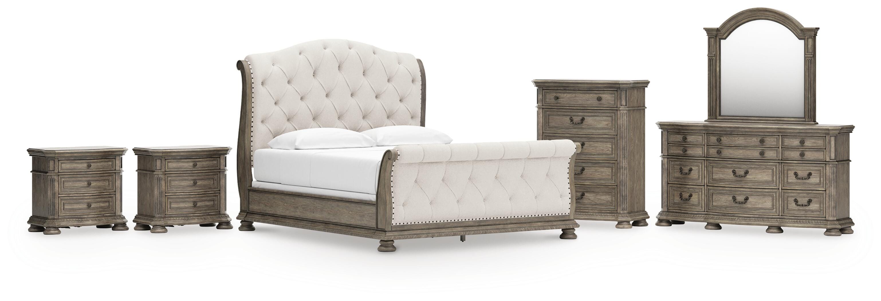 Ardenfield Upholstered Sleigh Bed, Dresser, Mirror, Chest and 2 Nightstands