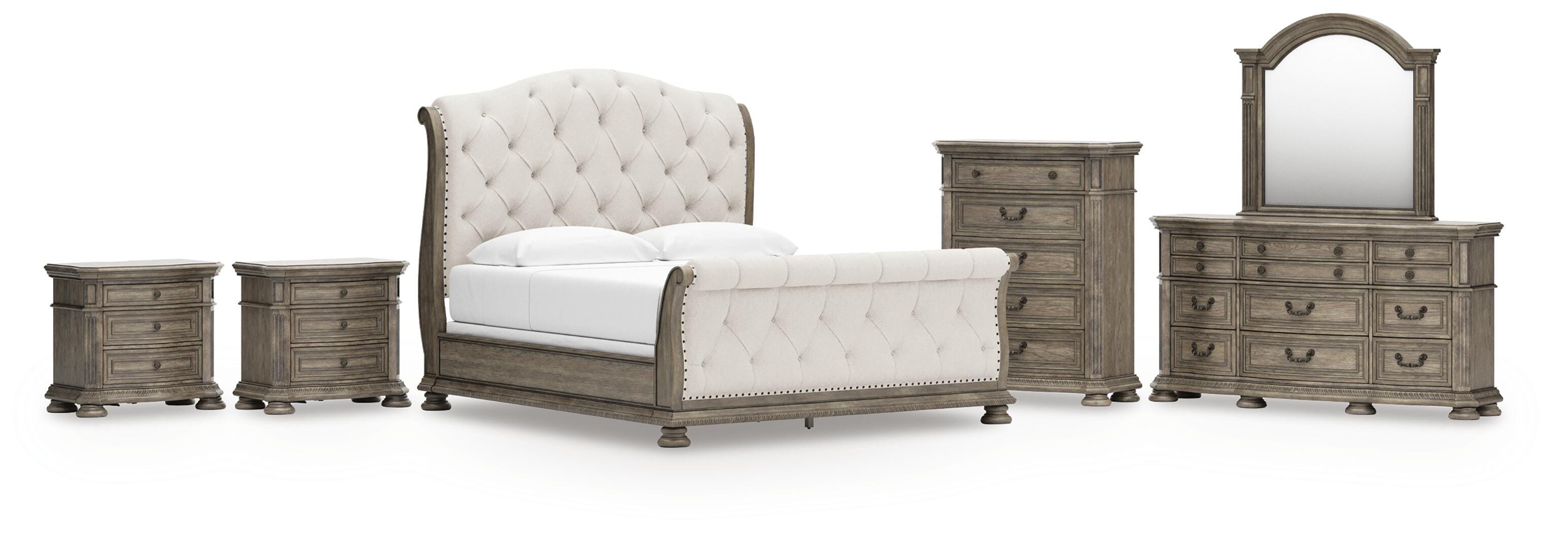 Ardenfield Upholstered Sleigh Bed, Dresser, Mirror, Chest and 2 Nightstands