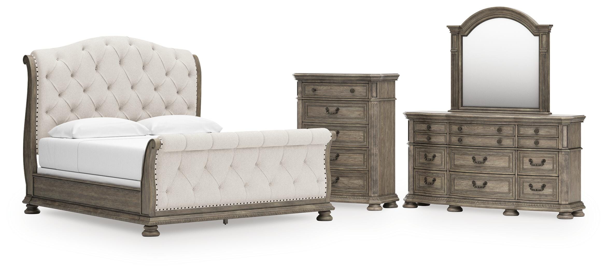 Ardenfield Upholstered Sleigh Bed, Dresser, Mirror and Chest