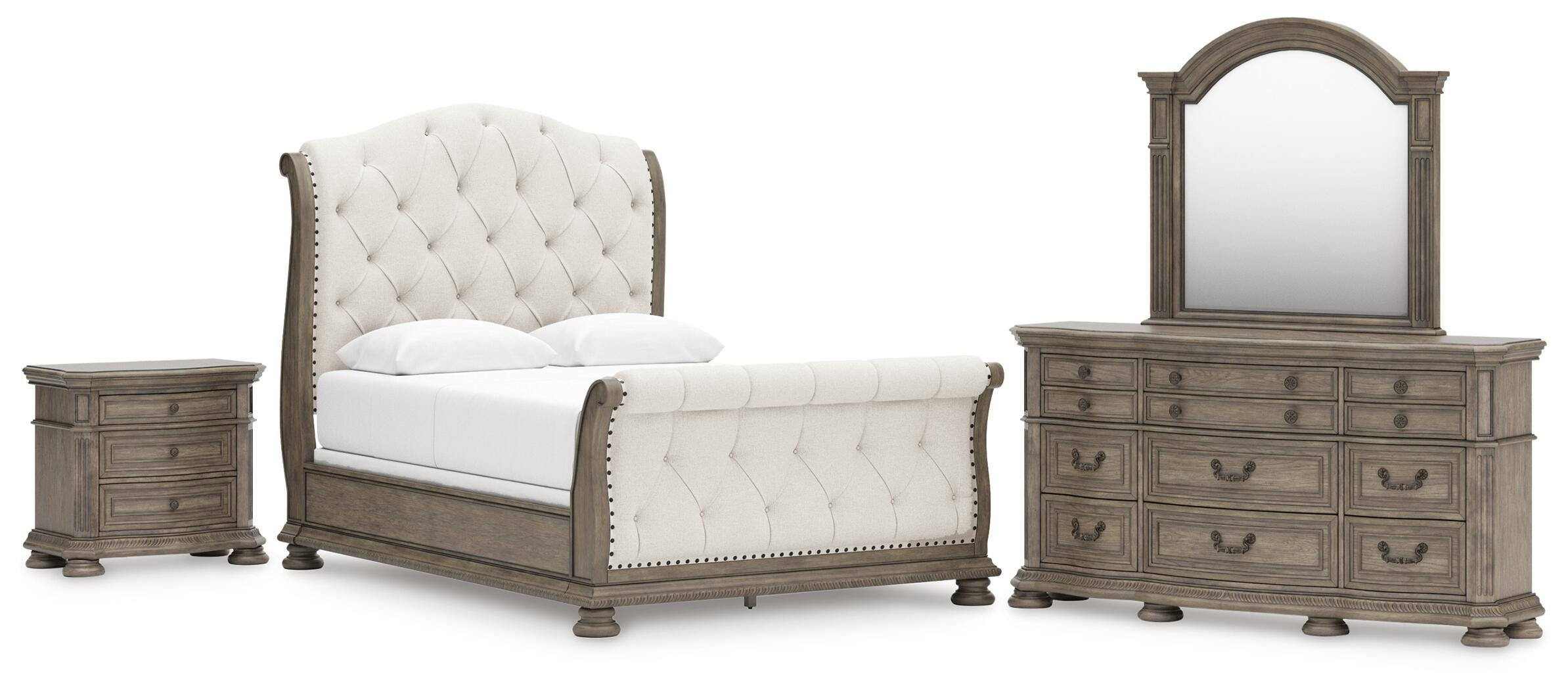 Ardenfield Upholstered Sleigh Bed, Dresser, Mirror and Nightstand