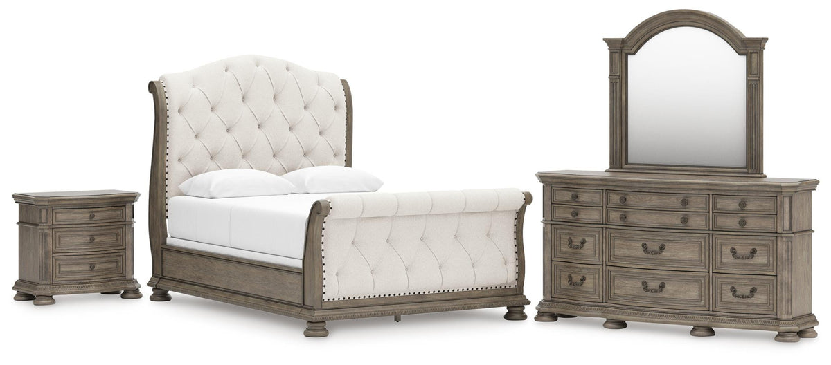 Ardenfield Upholstered Sleigh Bed, Dresser, Mirror and Nightstand