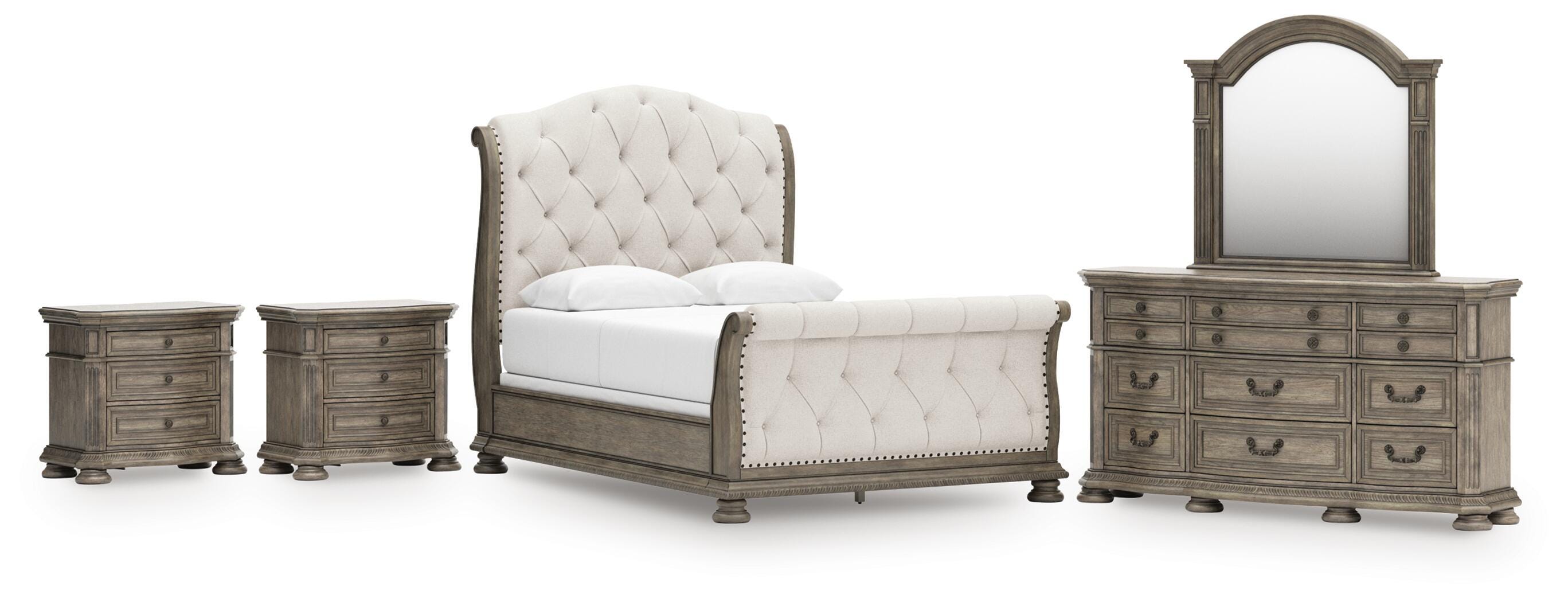 Ardenfield Upholstered Sleigh Bed, Dresser, Mirror and 2 Nightstands