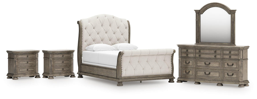 Ardenfield Upholstered Sleigh Bed, Dresser, Mirror and 2 Nightstands