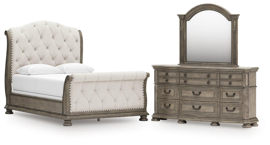 Ardenfield Upholstered Sleigh Bed, Dresser and Mirror