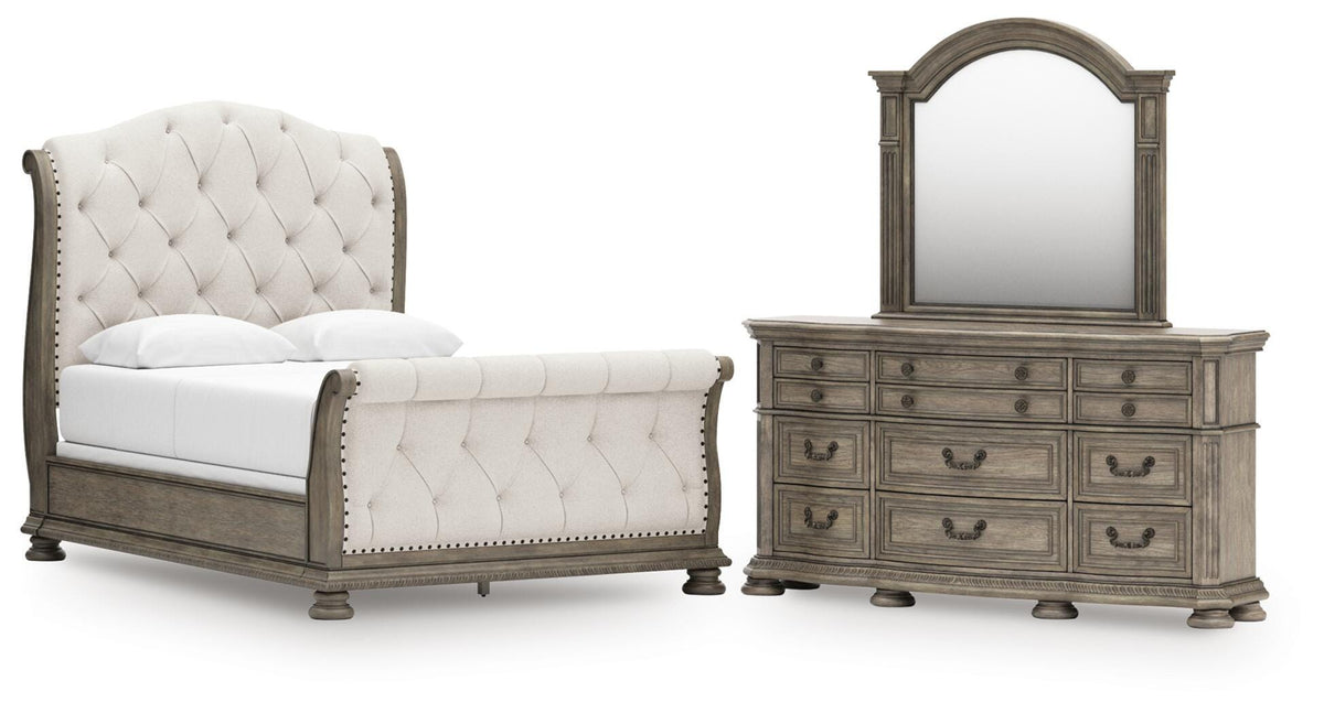 Ardenfield Upholstered Sleigh Bed, Dresser and Mirror