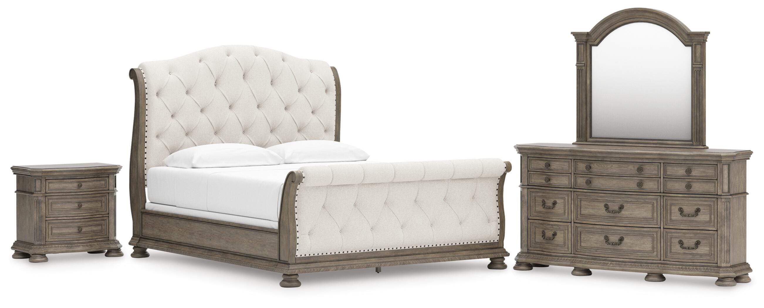 Ardenfield Upholstered Sleigh Bed, Dresser, Mirror and Nightstand