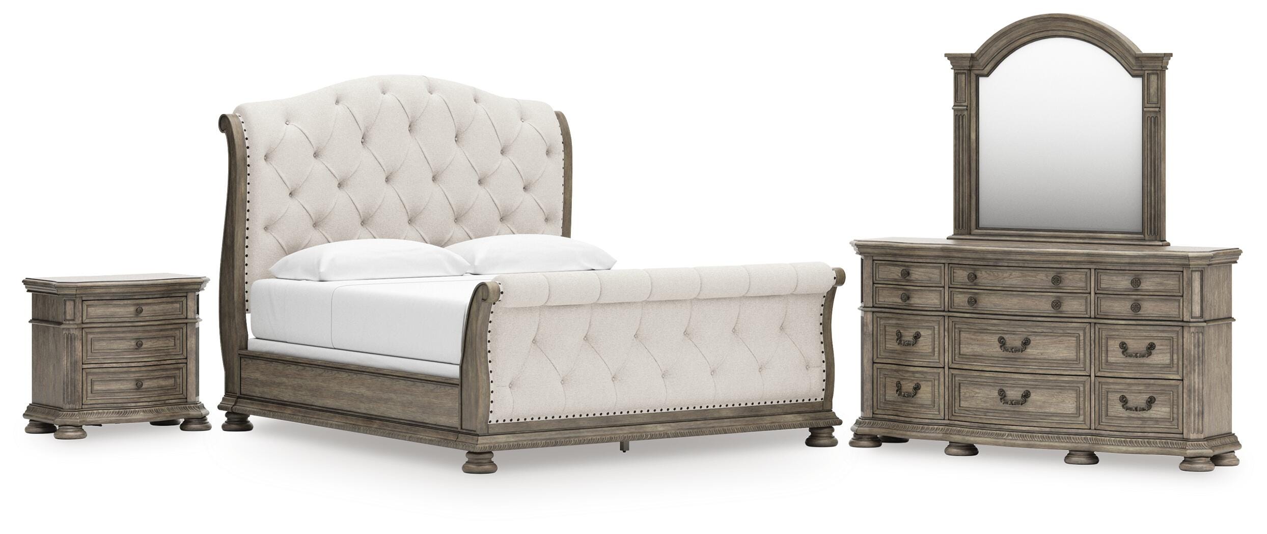 Ardenfield Upholstered Sleigh Bed, Dresser, Mirror and Nightstand