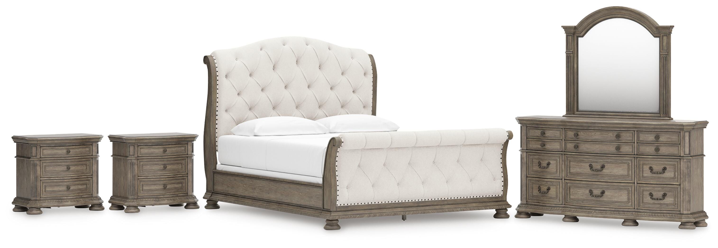 Ardenfield Upholstered Sleigh Bed, Dresser, Mirror and 2 Nightstands