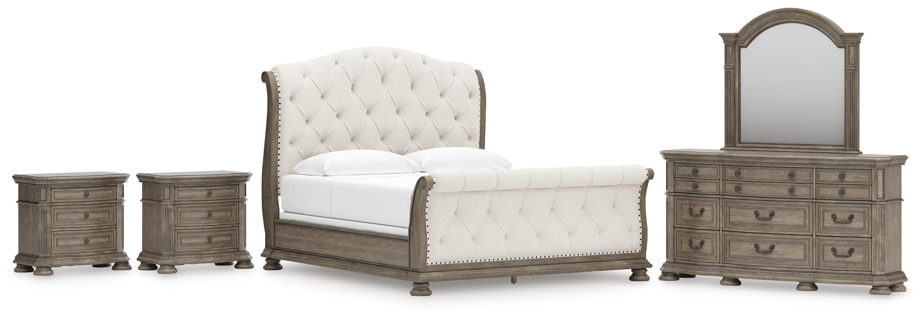 Ardenfield Upholstered Sleigh Bed, Dresser, Mirror and 2 Nightstands