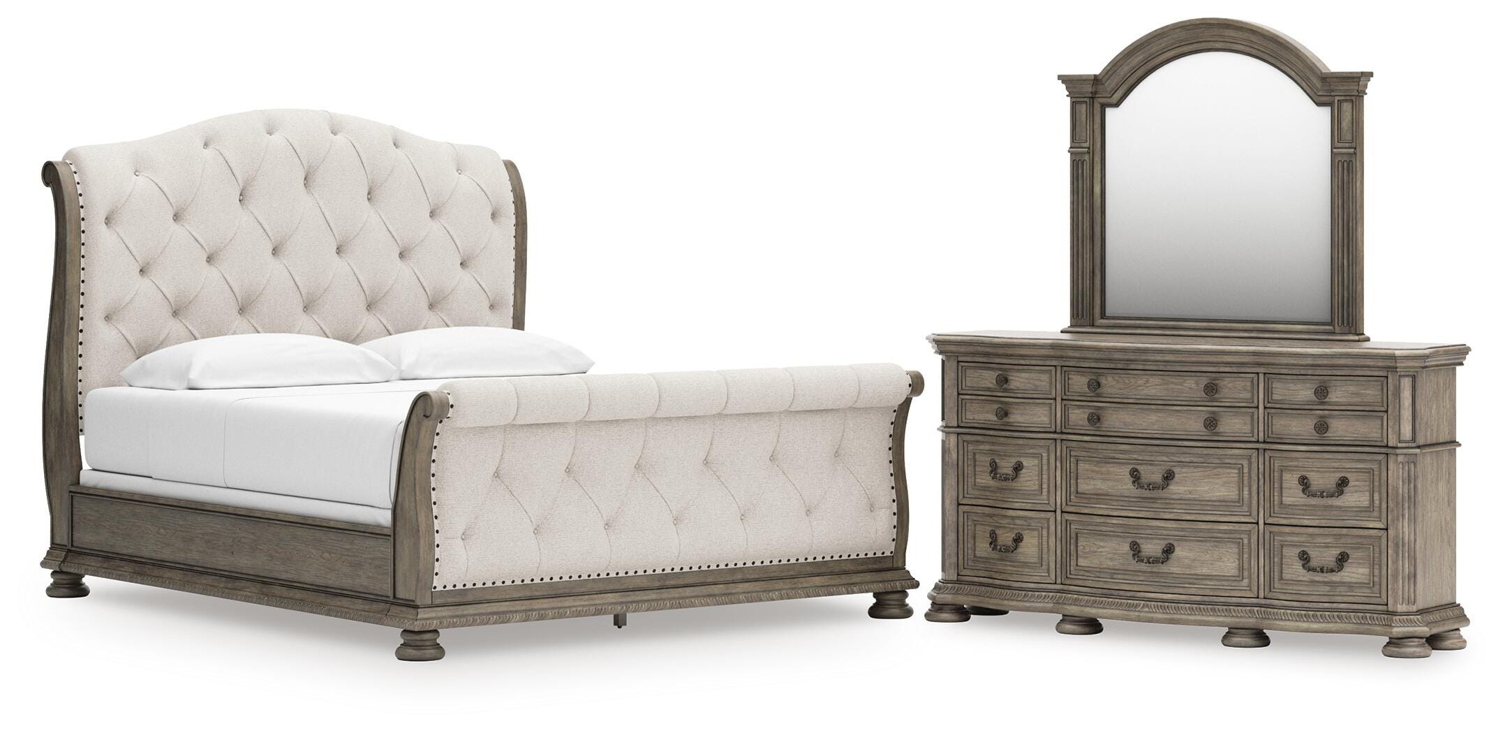 Ardenfield Upholstered Sleigh Bed, Dresser and Mirror