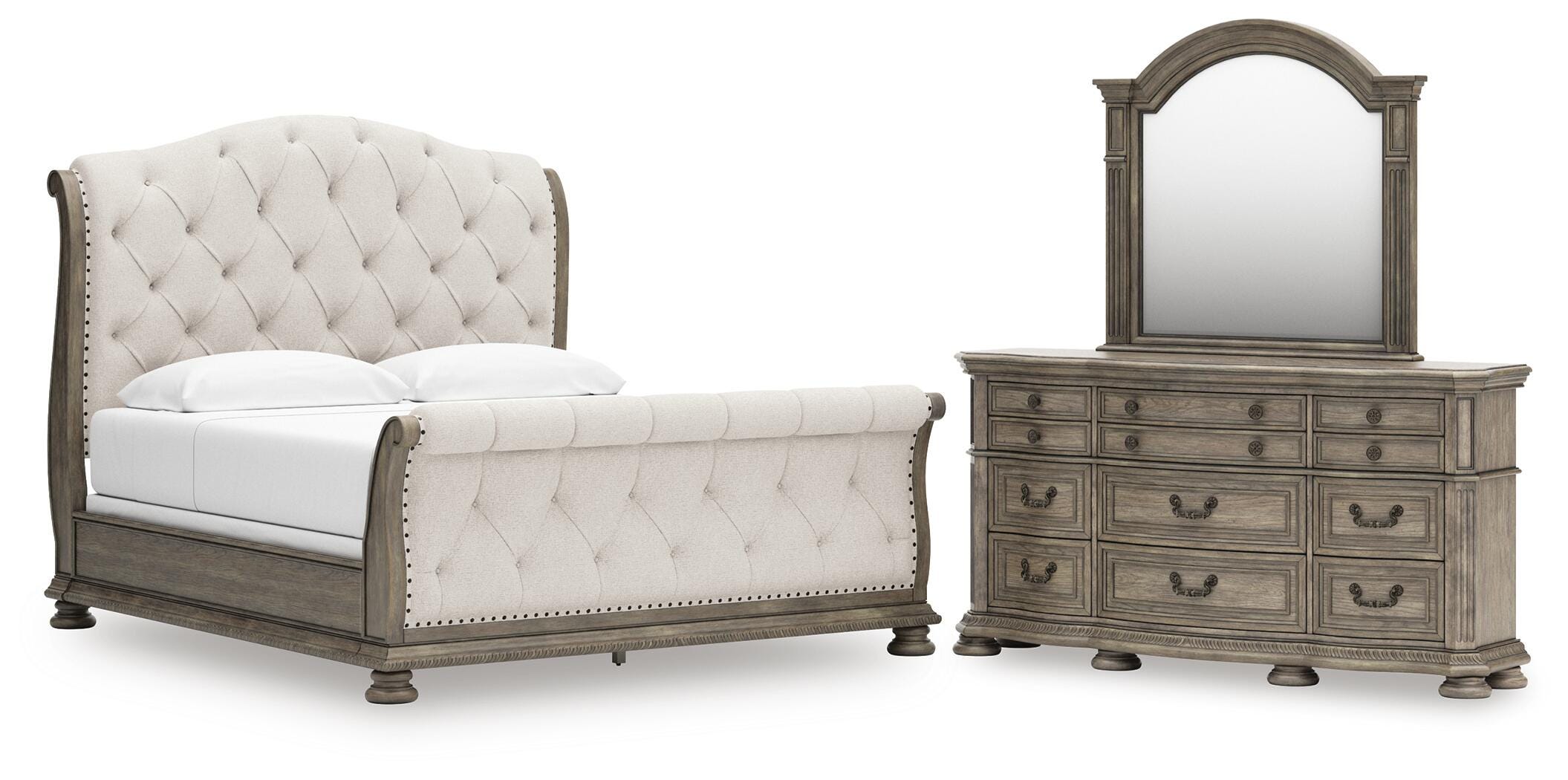 Ardenfield Upholstered Sleigh Bed, Dresser and Mirror