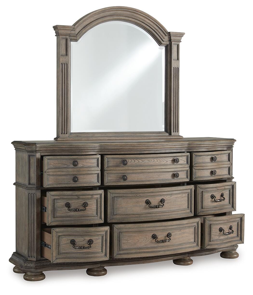 Ardenfield Upholstered Sleigh Bed, Dresser, Mirror and 2 Nightstands