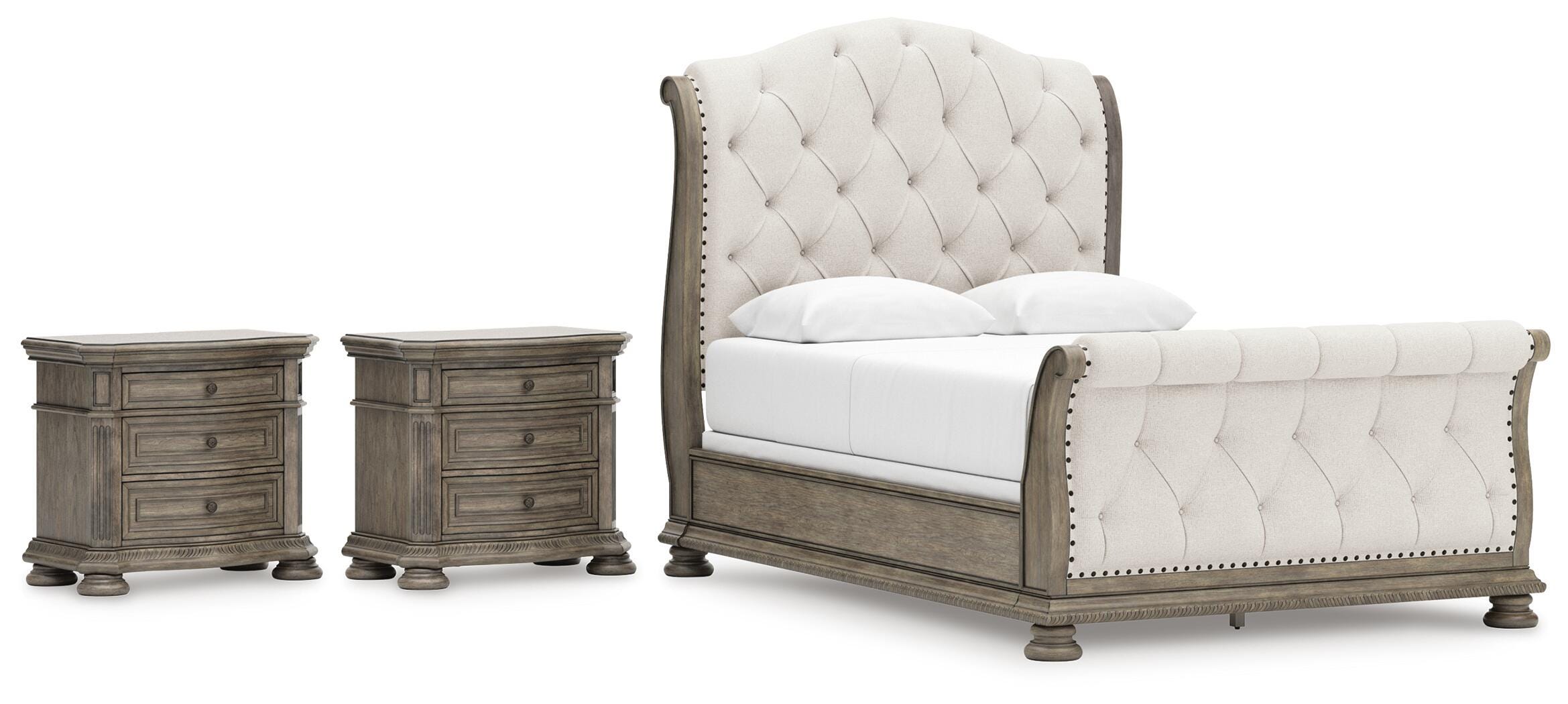 Ardenfield Upholstered Sleigh Bed and 2 Nightstands