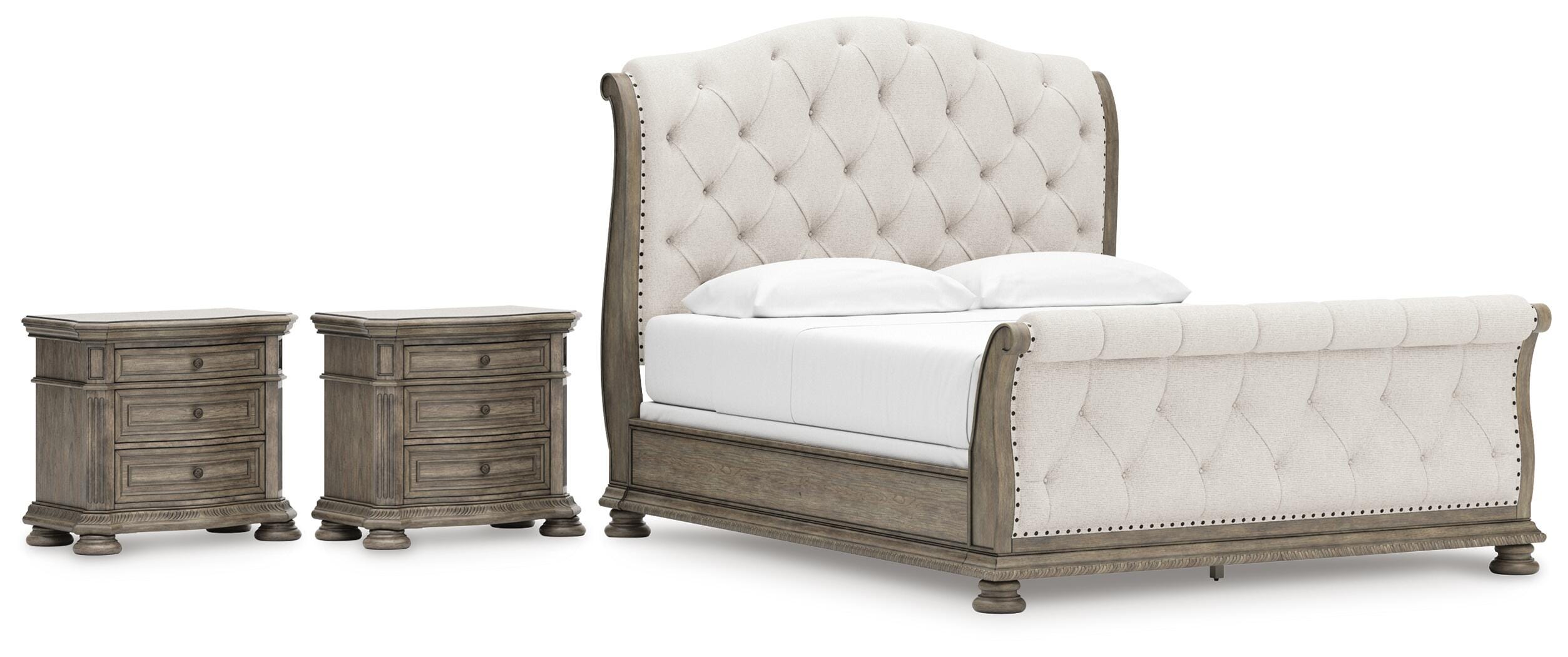 Ardenfield Upholstered Sleigh Bed and 2 Nightstands