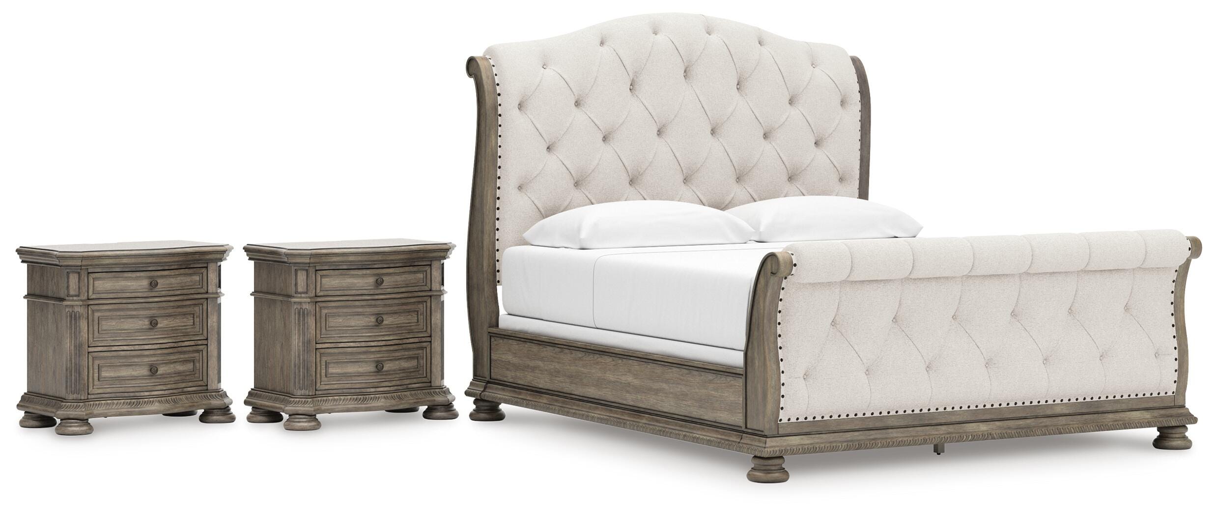 Ardenfield Upholstered Sleigh Bed and 2 Nightstands