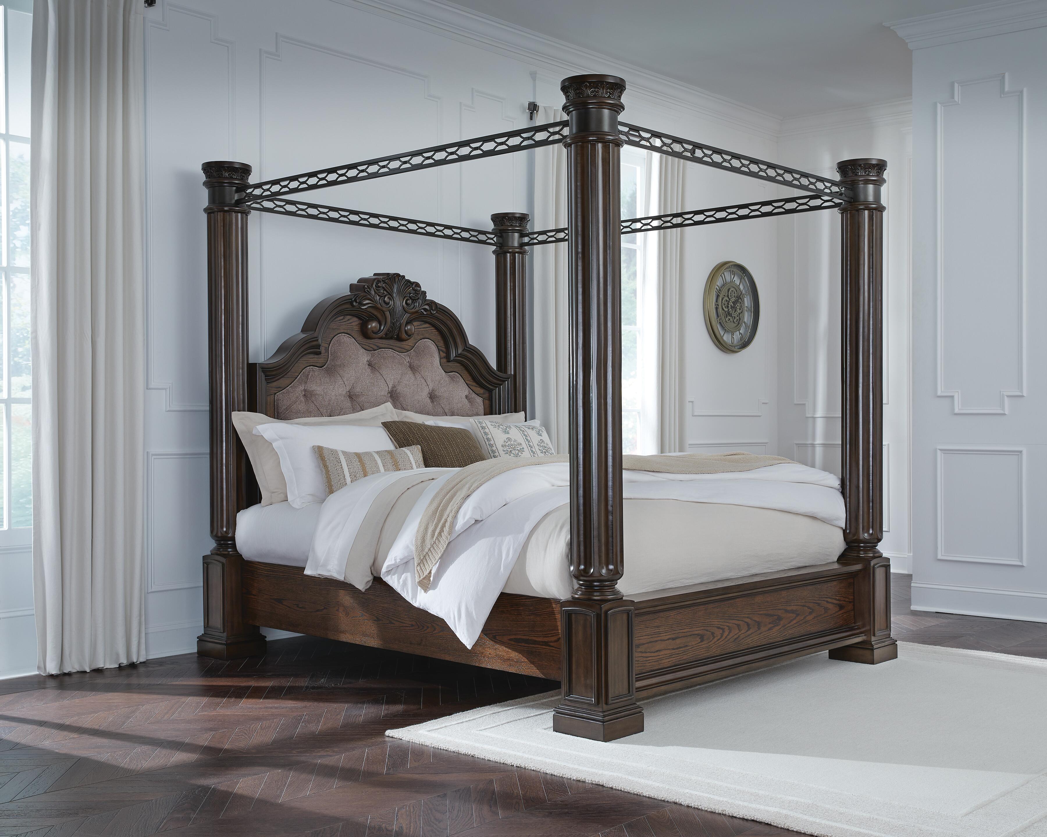 Maylee Canopy Bed, Dresser, Mirror and Chest
