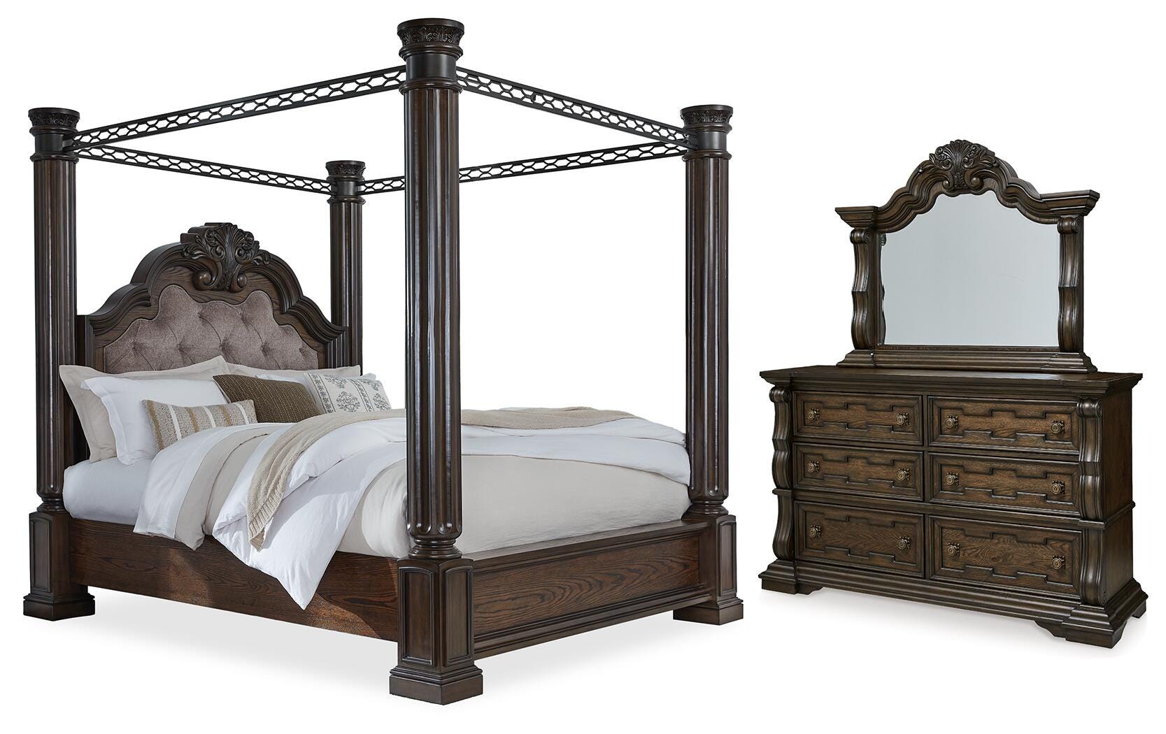 Maylee Canopy Bed, Dresser and Mirror