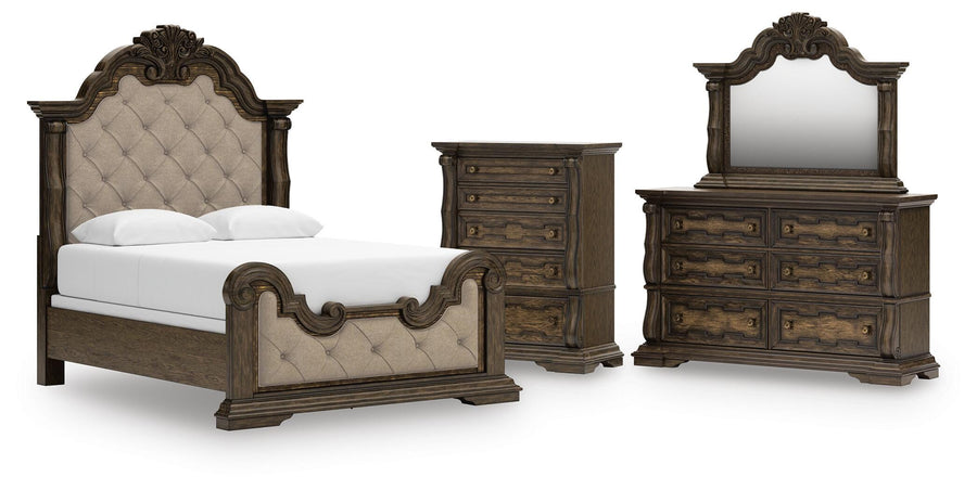 Maylee Upholstered Bed, Dresser, Mirror and Chest