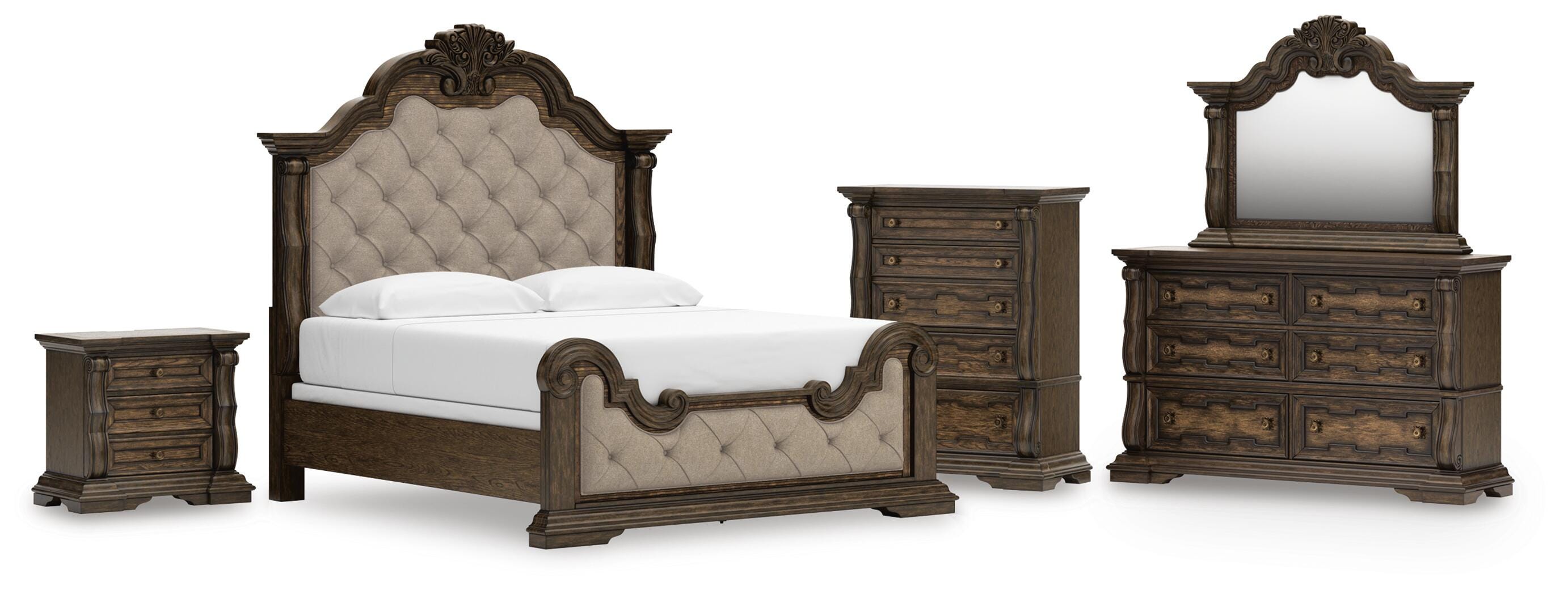 Maylee Upholstered Bed, Dresser, Mirror, Chest and Nightstand