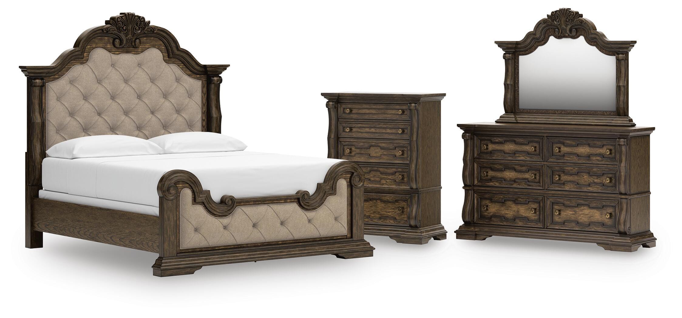 Maylee Upholstered Bed, Dresser, Mirror and Chest