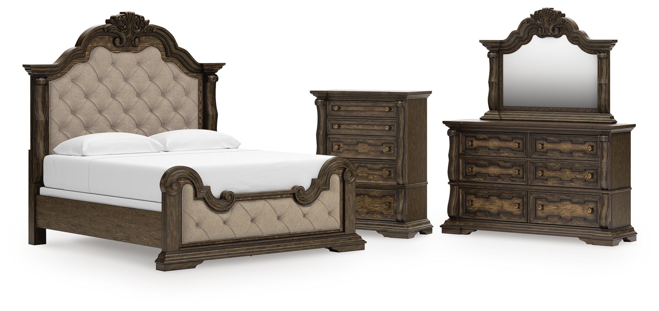 Maylee Upholstered Bed, Dresser, Mirror and Chest