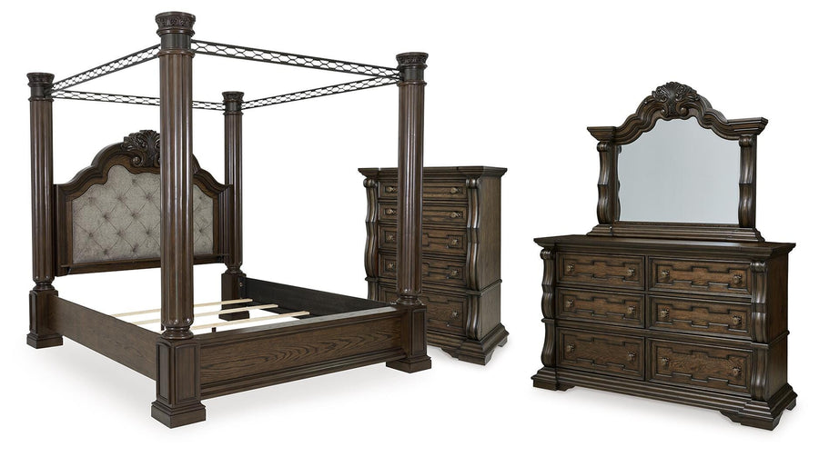 Maylee Canopy Bed, Dresser, Mirror and Chest