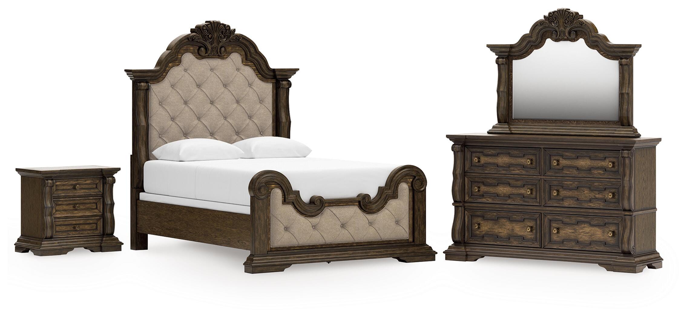 Maylee Upholstered Panel Bed, Dresser, Mirror and Nightstand
