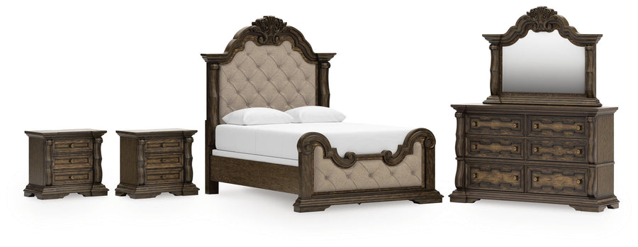 Maylee Upholstered Bed, Dresser, Mirror and 2 Nightstands