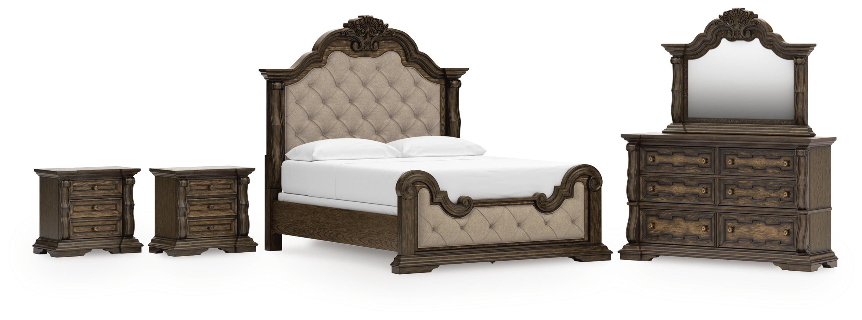 Maylee Upholstered Bed, Dresser, Mirror and 2 Nightstands