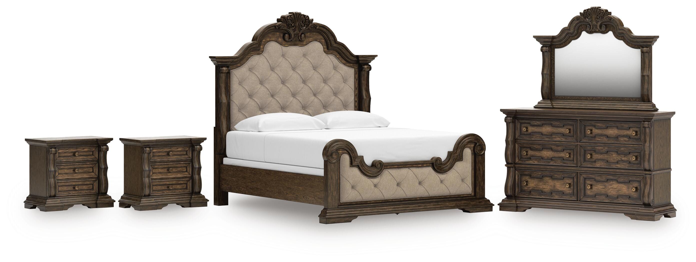 Maylee Upholstered Bed, Dresser, Mirror and 2 Nightstands