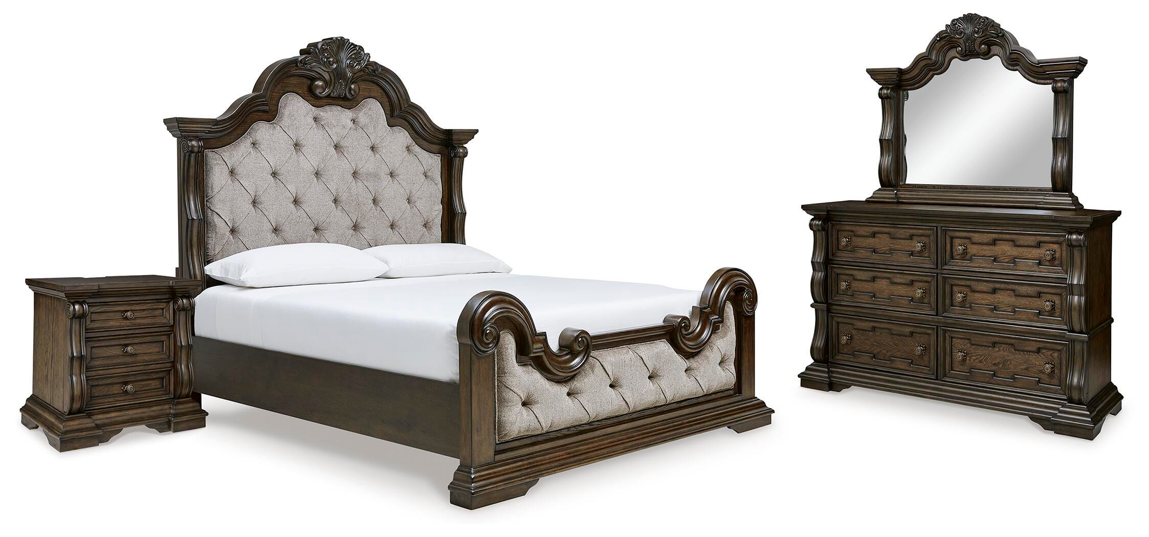 Maylee Upholstered Panel Bed, Dresser, Mirror and Nightstand