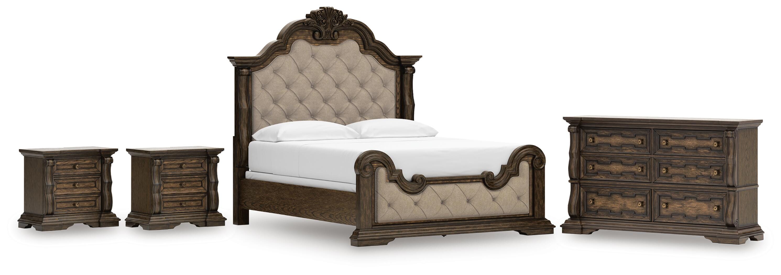 Maylee Upholstered Panel Bed, Dresser and 2 Nightstands