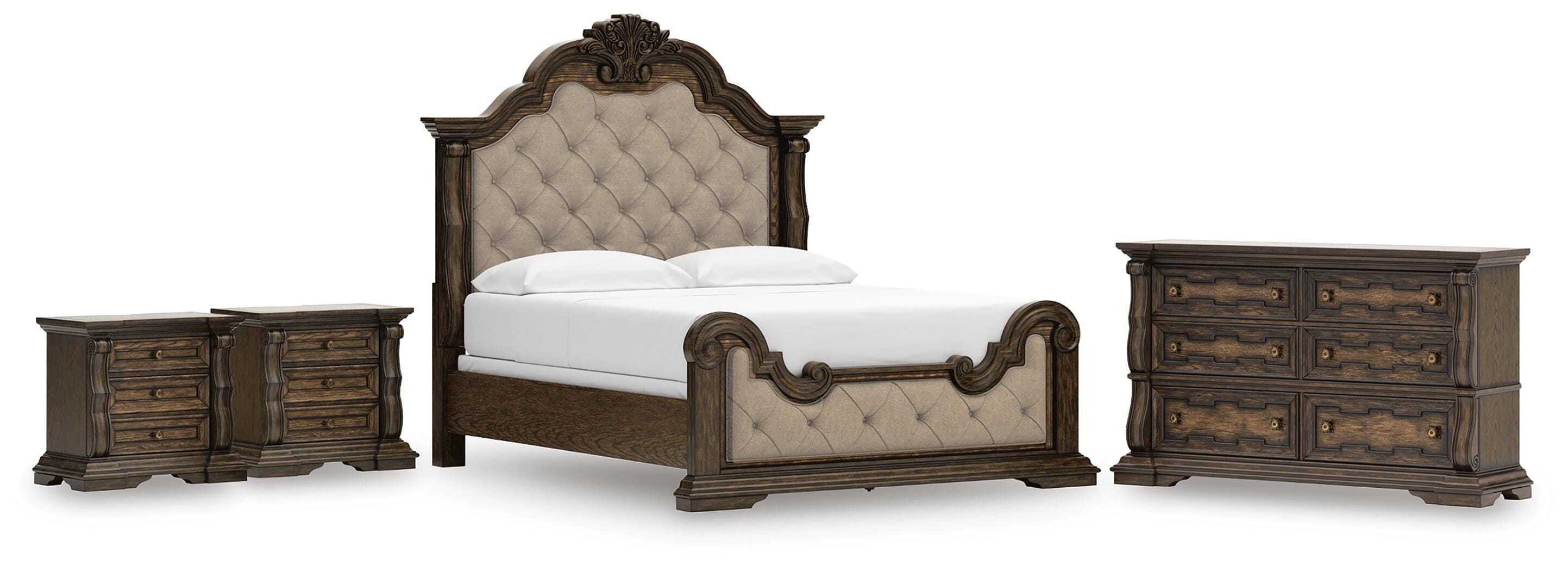 Maylee Upholstered Panel Bed, Dresser and 2 Nightstands
