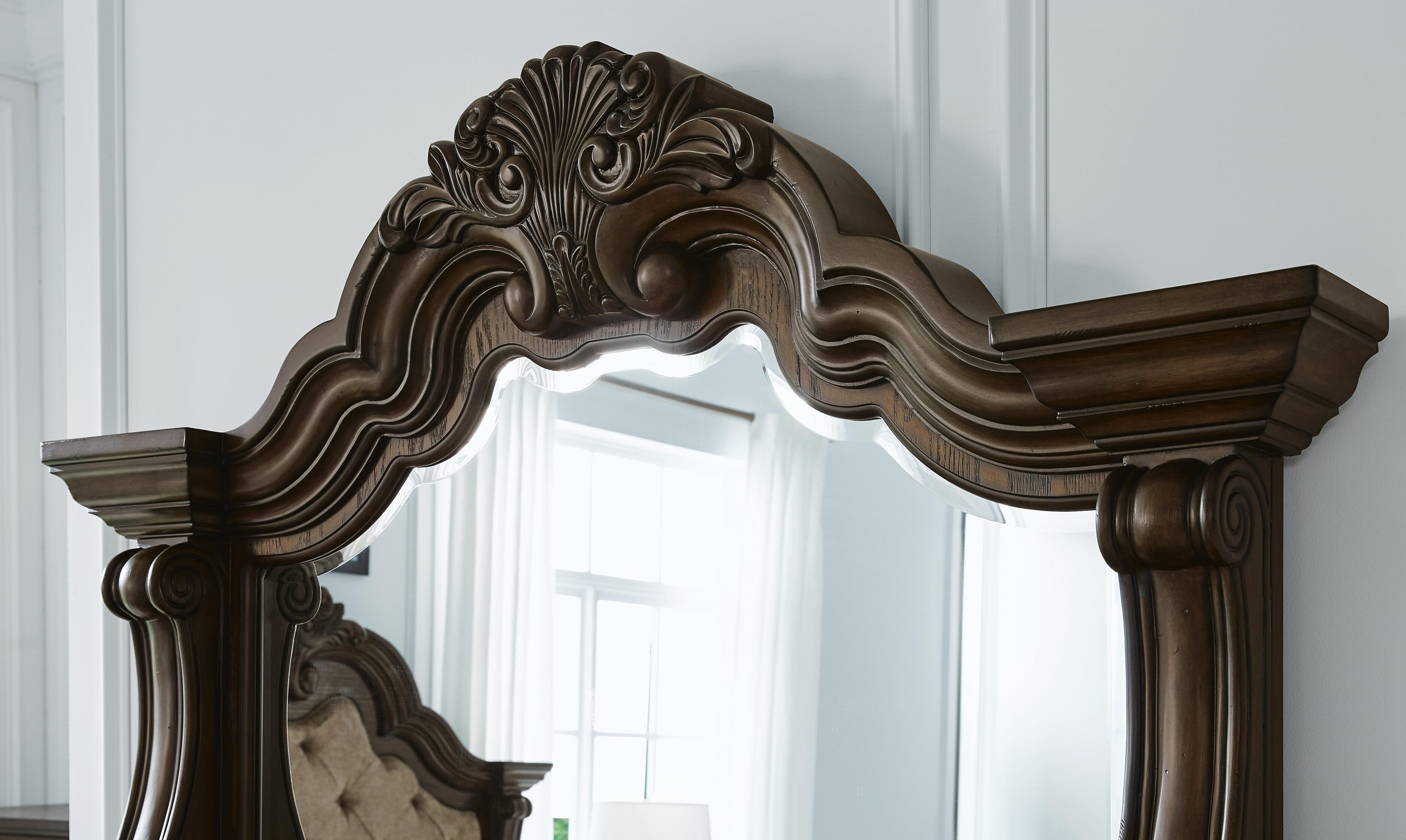 Maylee Upholstered Bed with Mirrored Dresser