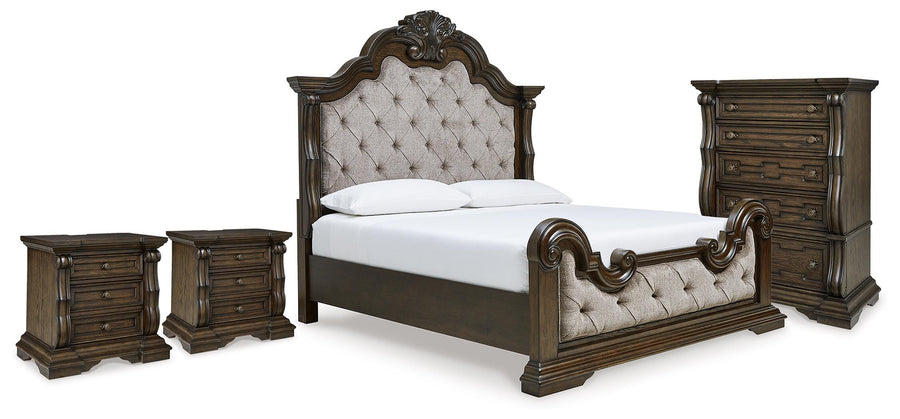 Maylee Upholstered Panel Bed, Chest and 2 Nightstands
