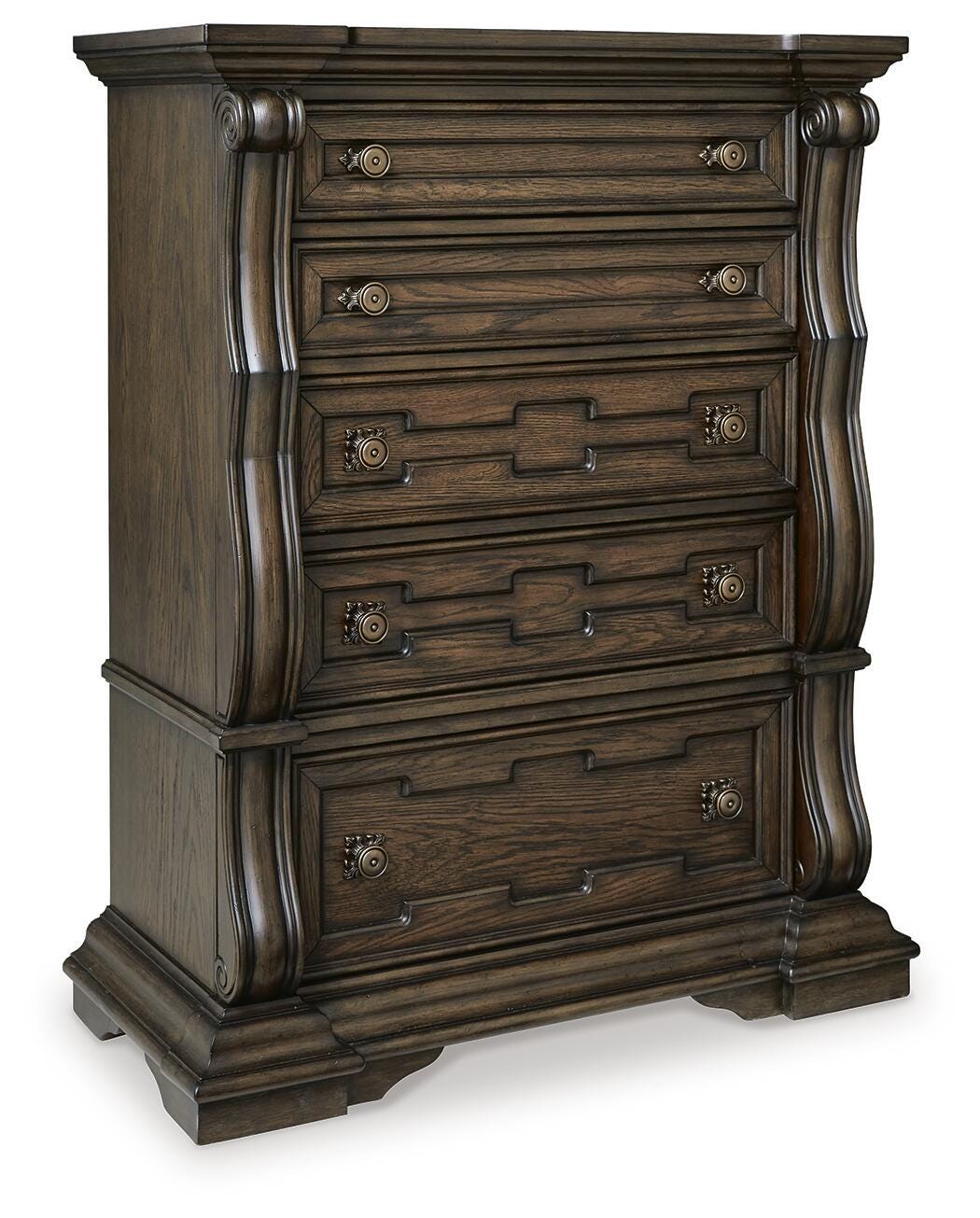Maylee Upholstered Bed, Dresser, Mirror and Chest