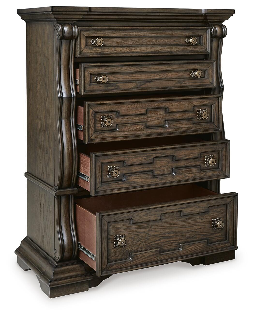 Maylee Upholstered Bed, Dresser, Mirror, Chest and Nightstand