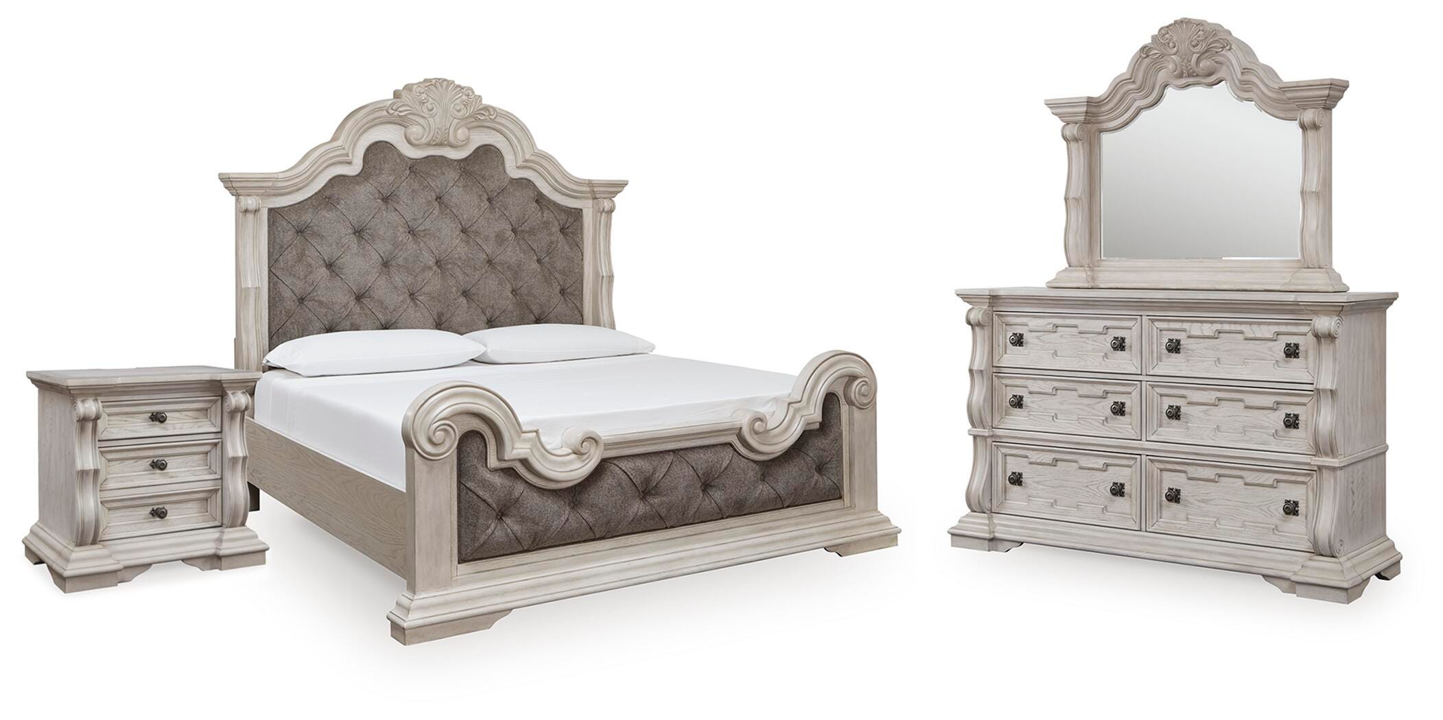 Bruchandi Upholstered Panel Bed, Dresser, Mirror and Nightstand