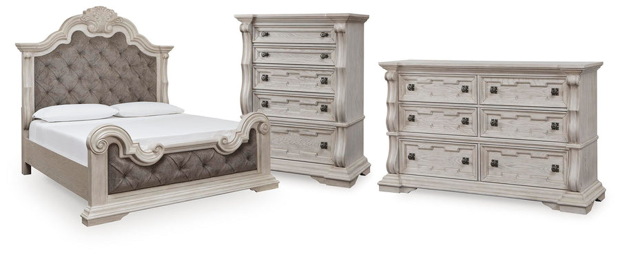 Bruchandi Upholstered Panel Bed, Dresser and Chest