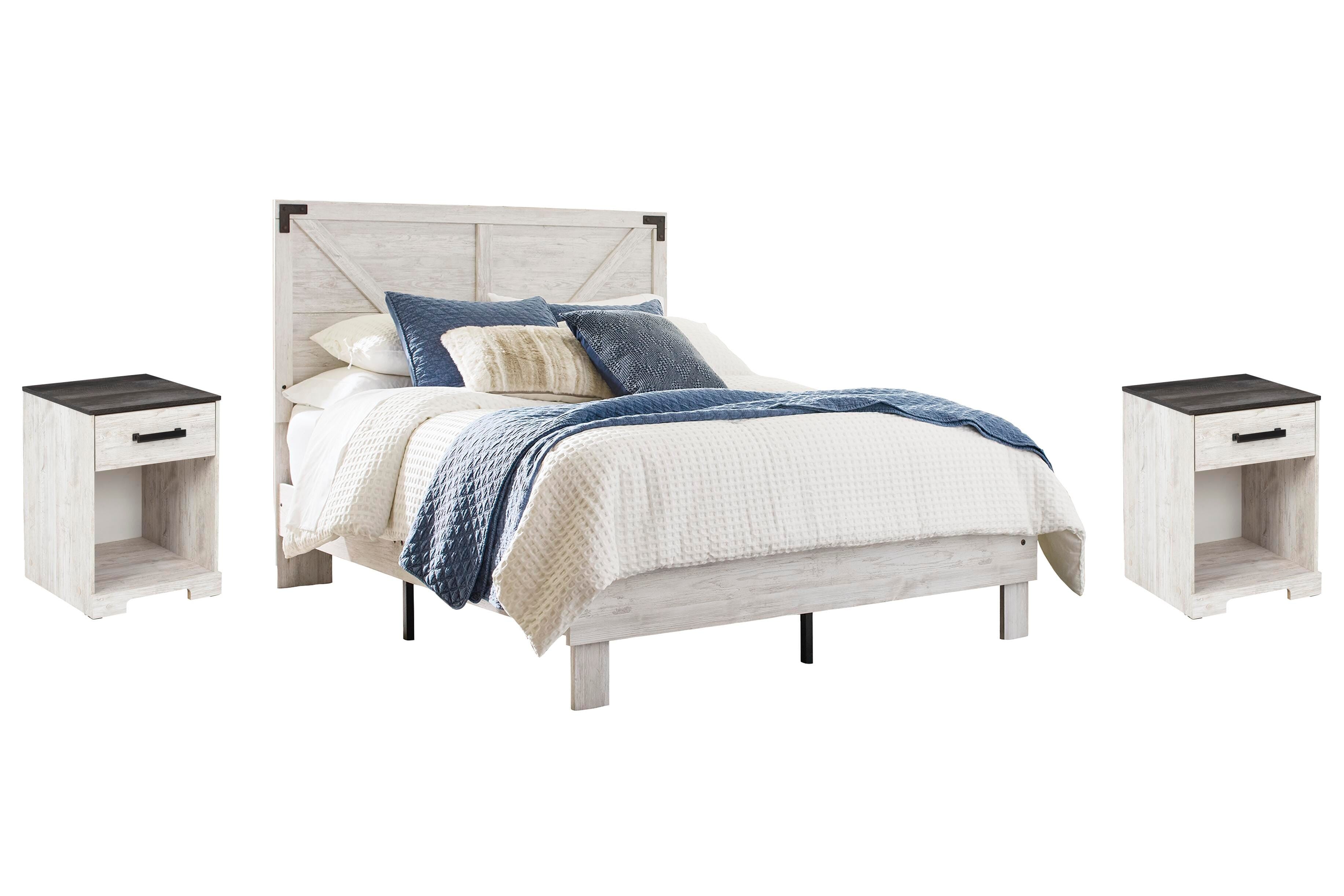 Shawburn Crossbuck Panel Platform Bed and 2 Nightstands
